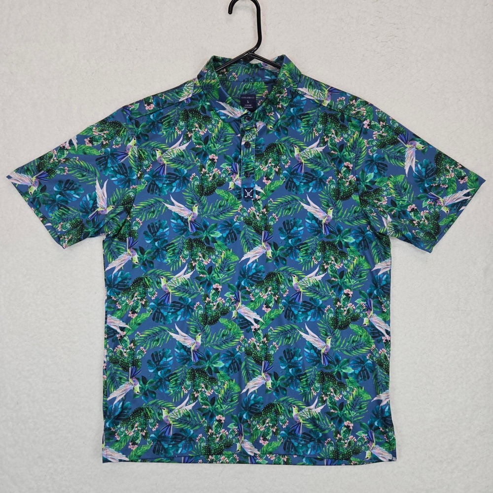 CON.STRUCT Mens Large Performance Golf Polo Shirt Blue Hummingbird Floral Cactus